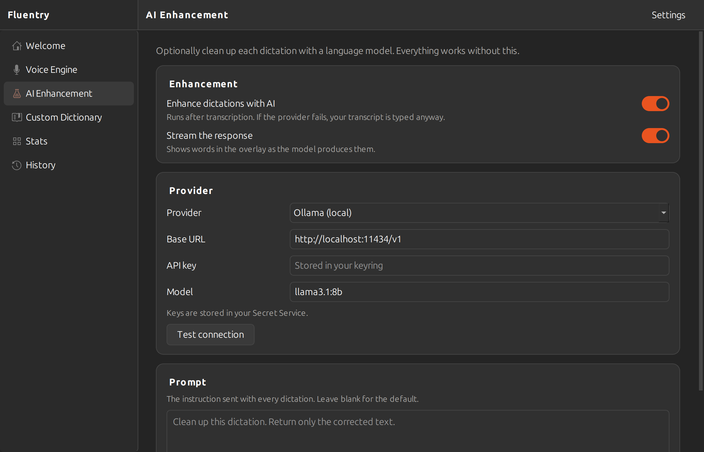 The AI Enhancement screen, switched on and pointed at Ollama running on localhost with the model llama3.1:8b, an empty API key field, and the prompt sent with every dictation.
