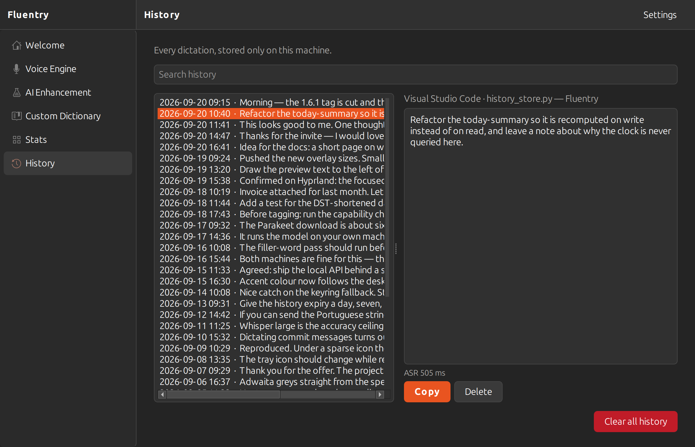 The History screen: a searchable list of past dictations by date, with the selected one shown in full beside the app and window it was typed into, and how long transcription took.