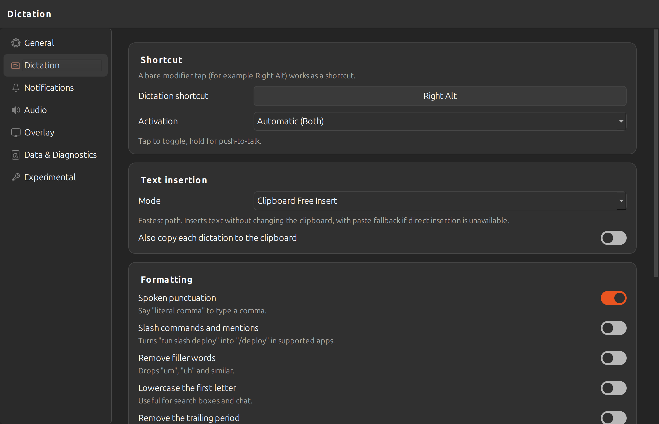 The Dictation section of Settings: the shortcut recorder showing Right Alt, an activation mode, the text insertion mode, and switches for spoken punctuation, slash commands, filler-word removal and other formatting rules.