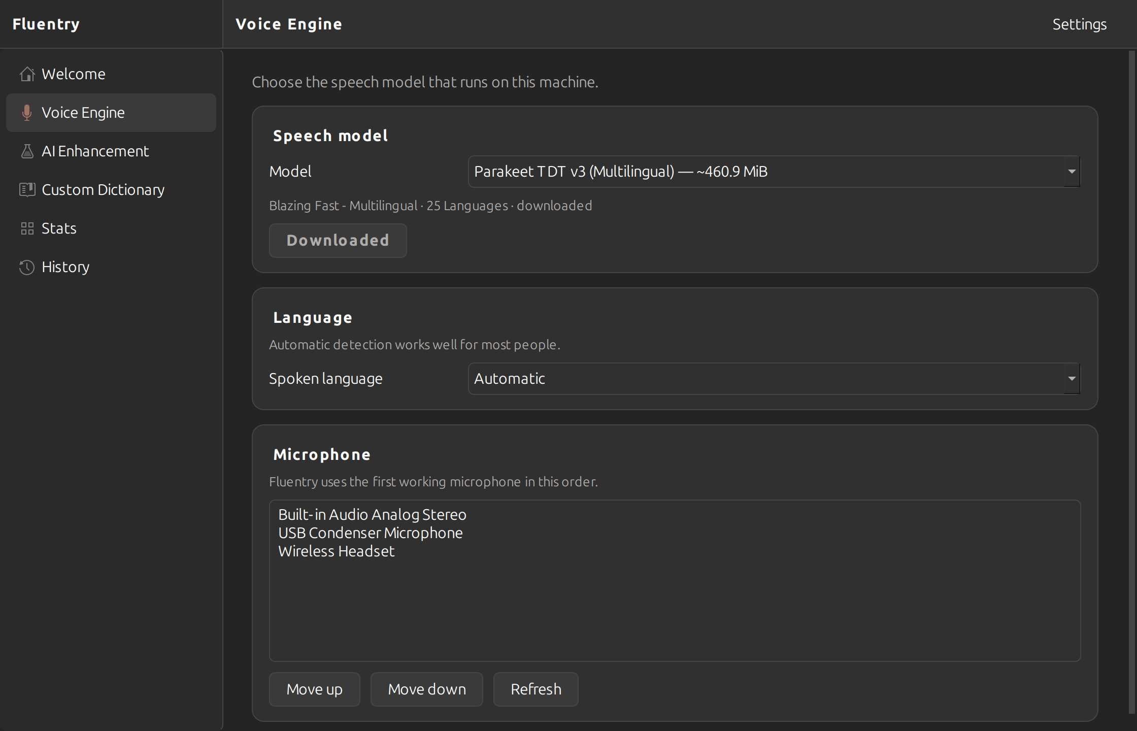 The Voice Engine screen: Parakeet TDT v3 Multilingual selected and already downloaded, spoken language set to Automatic, and a list of microphones in the order they will be tried.