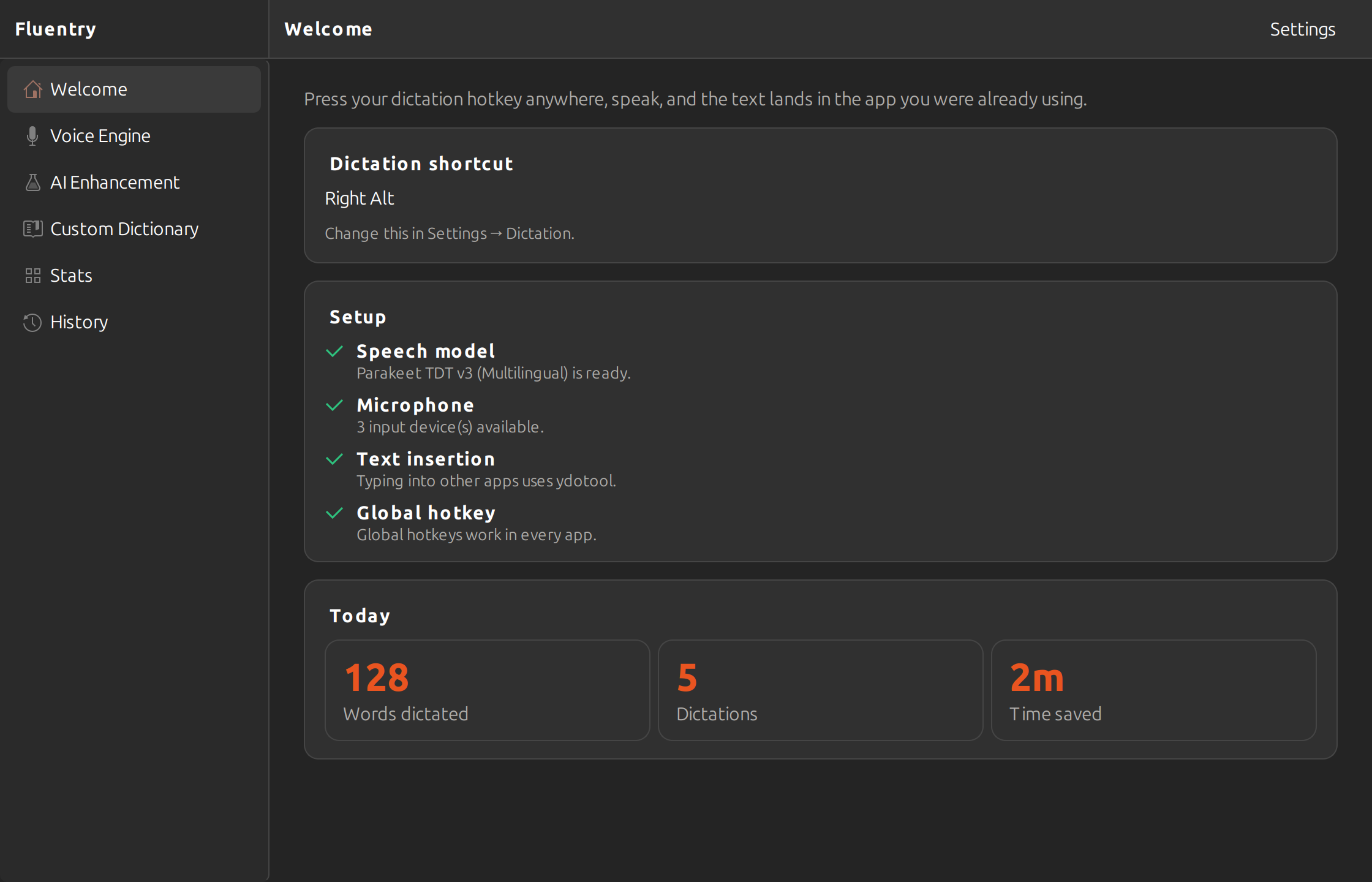 The Welcome screen: the dictation shortcut set to Right Alt, a Setup list confirming the speech model, microphone, text insertion and global hotkey, and today's counts of words dictated, dictations and time saved.